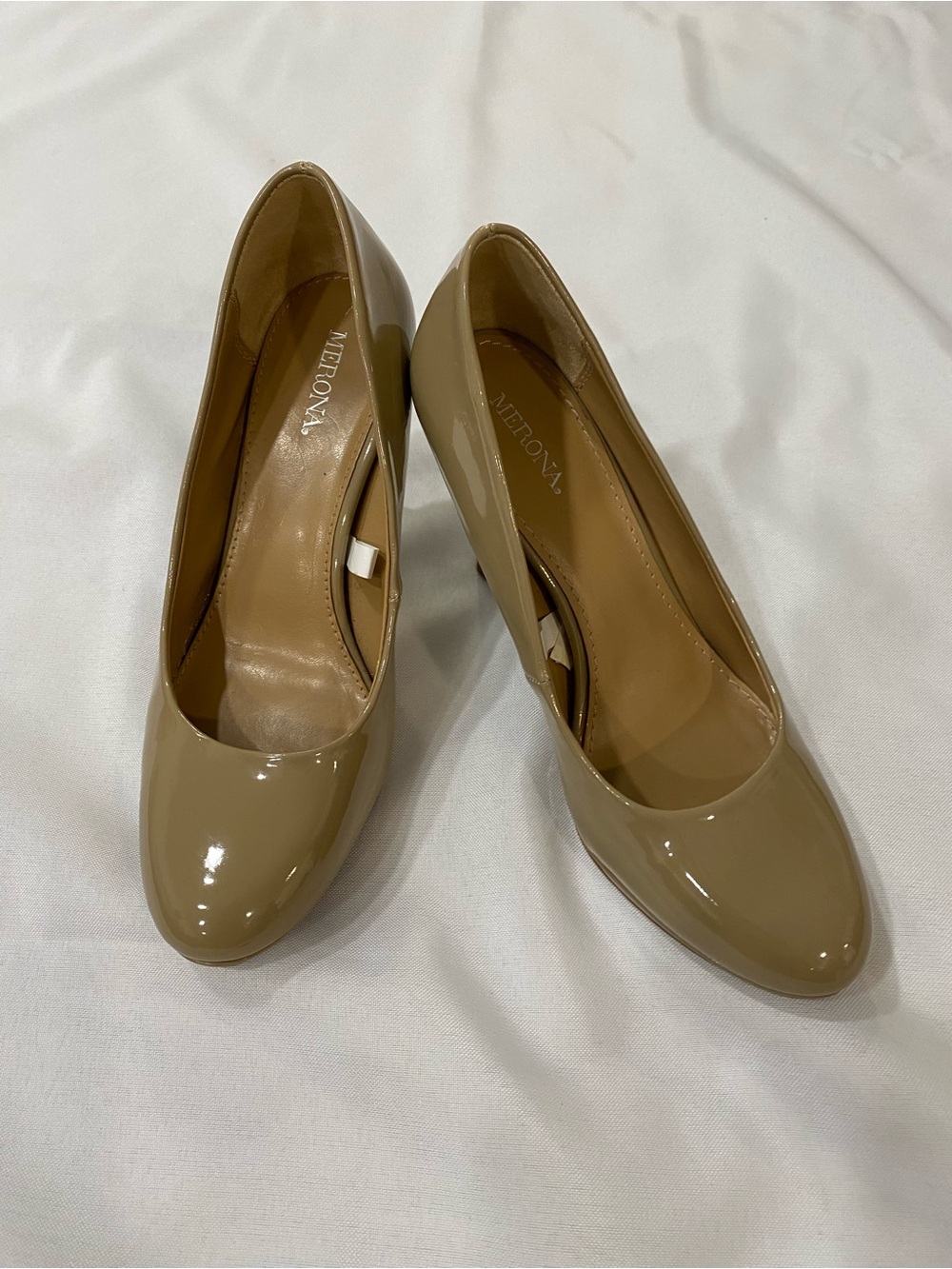 Merona Patent Round-Toe Pumps in Tan